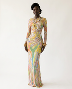 Vibrant Rhinestone Mesh Maxi Dress