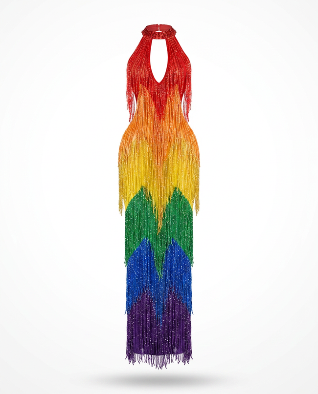 [PRE ORDER] Vibrant Rainbow Fringe Mesh Maxi Dress Hover Image