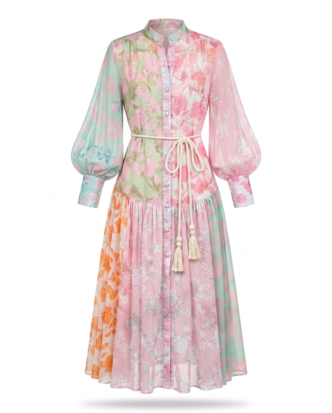 Vibrant Printed Pleated Maxi Dress Hover Image