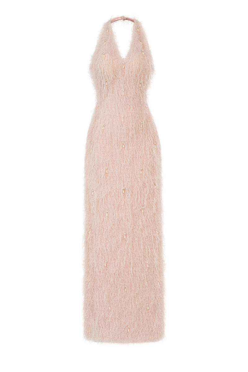 V-NECK FEATHER POLYESTER FLOOR LENGTH DRESS | CULT MIA | HAPPY CLOTHING