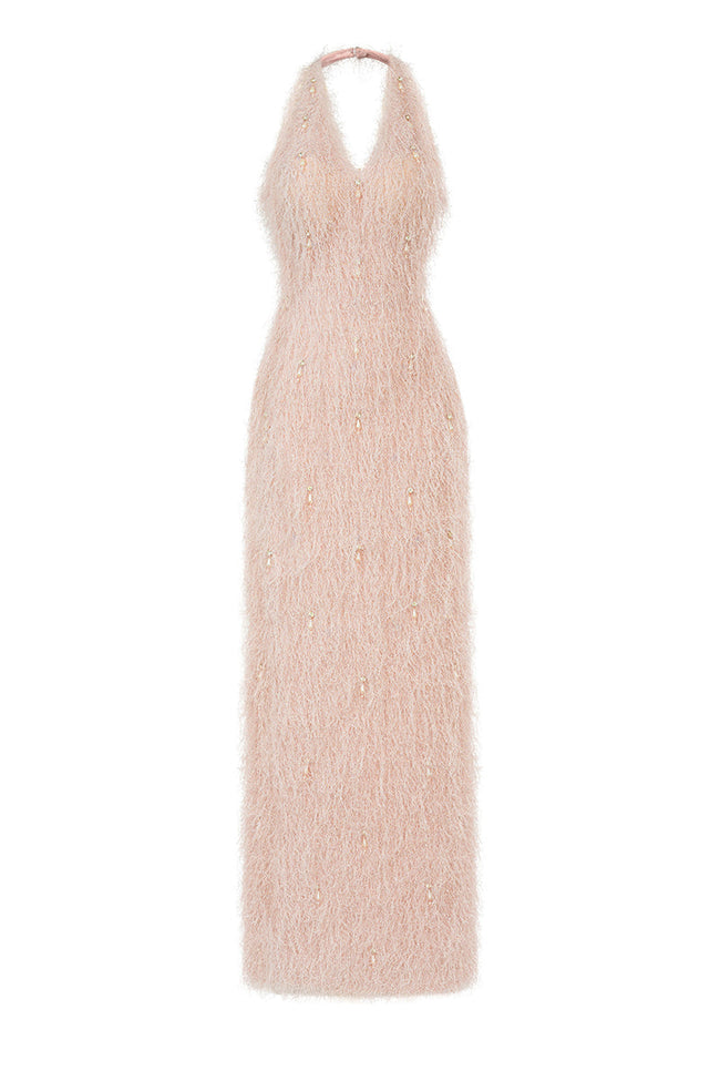 V-NECK FEATHER POLYESTER FLOOR LENGTH DRESS | CULT MIA | HAPPY CLOTHING Hover Image