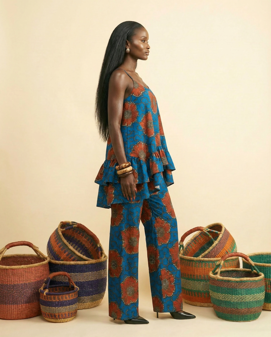 Osundu Ankara Faux Silk Tiered Camisole & Wide-Leg Trouser Set