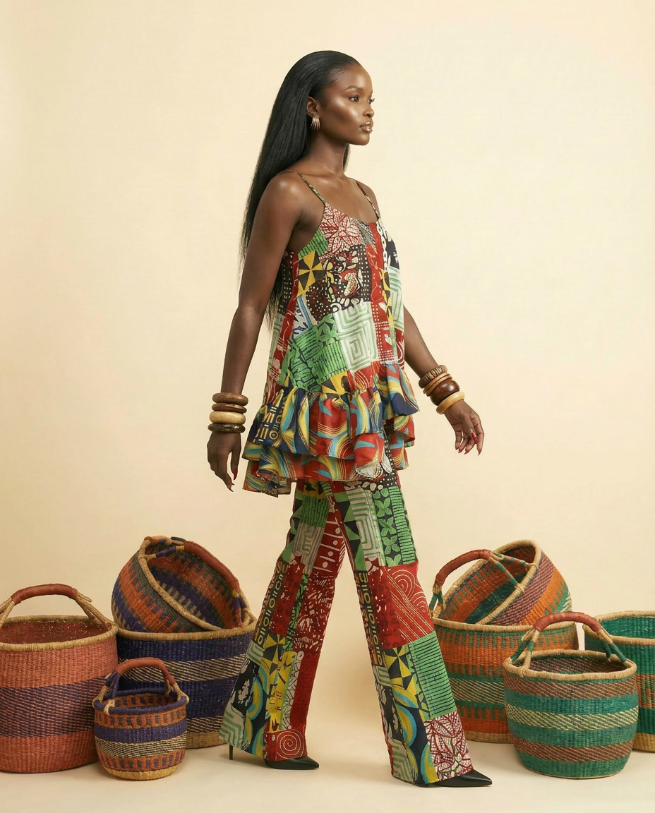 Nyanyi Ankara Faux Silk Tiered Camisole & Wide-Leg Trouser Set