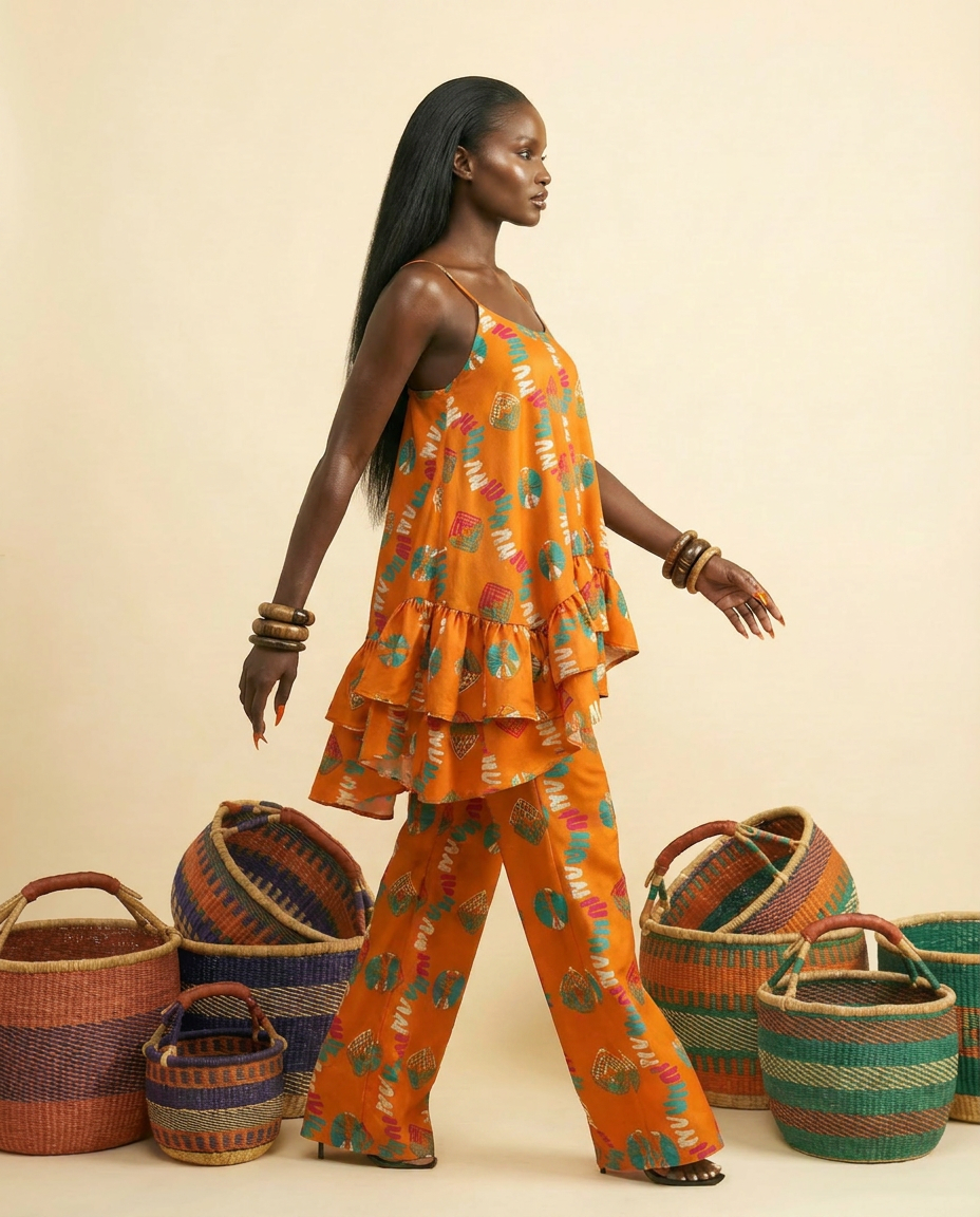 Imenne Ankara Faux Silk Tiered Camisole & Wide-Leg Trouser Set