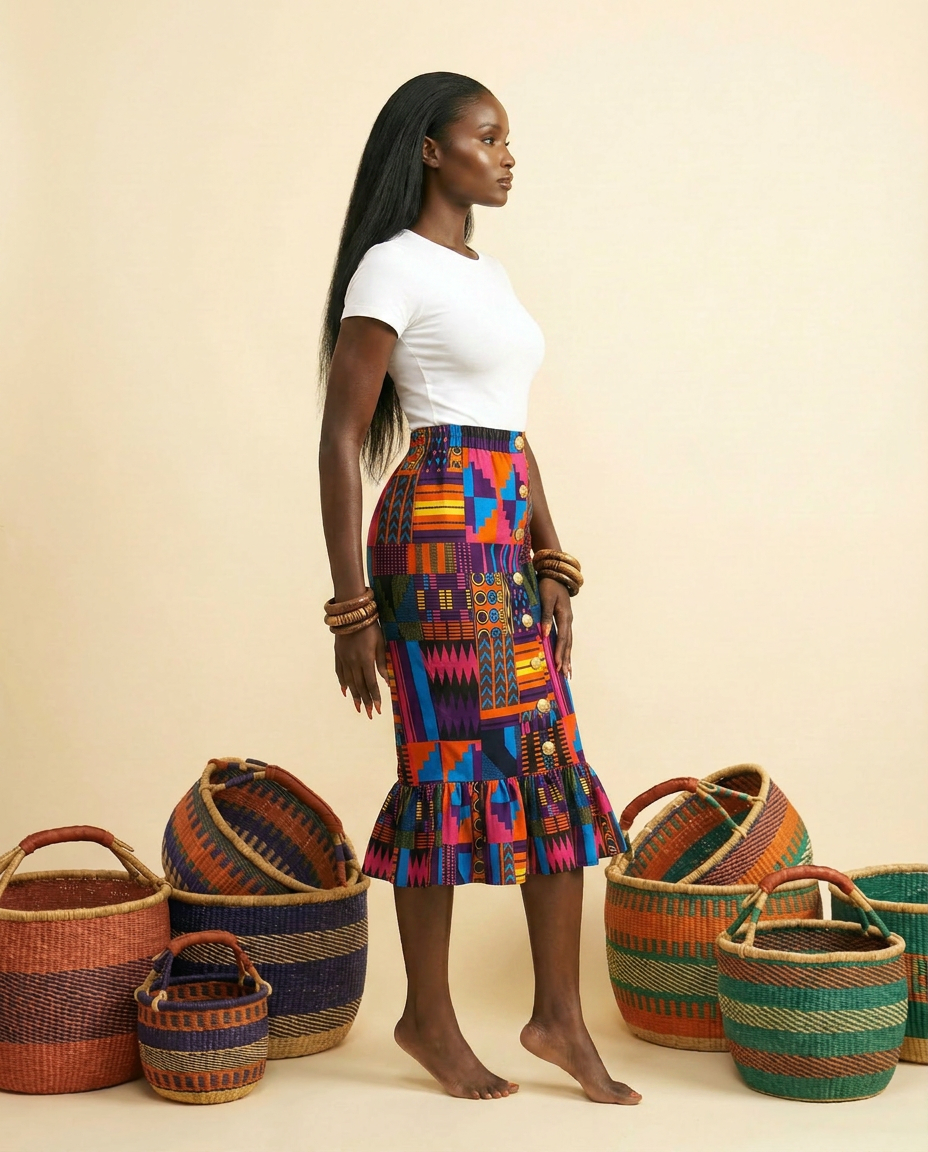 Nta Elastic-Waist Luxe Ankara Cotton Skirt - Effortless Sophistication