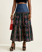 Adventurous Ankara Denim Maxi Skirt