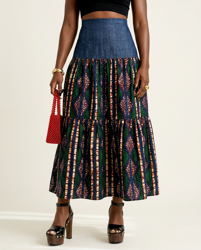 Adventurous Ankara Denim Maxi Skirt Hover Image