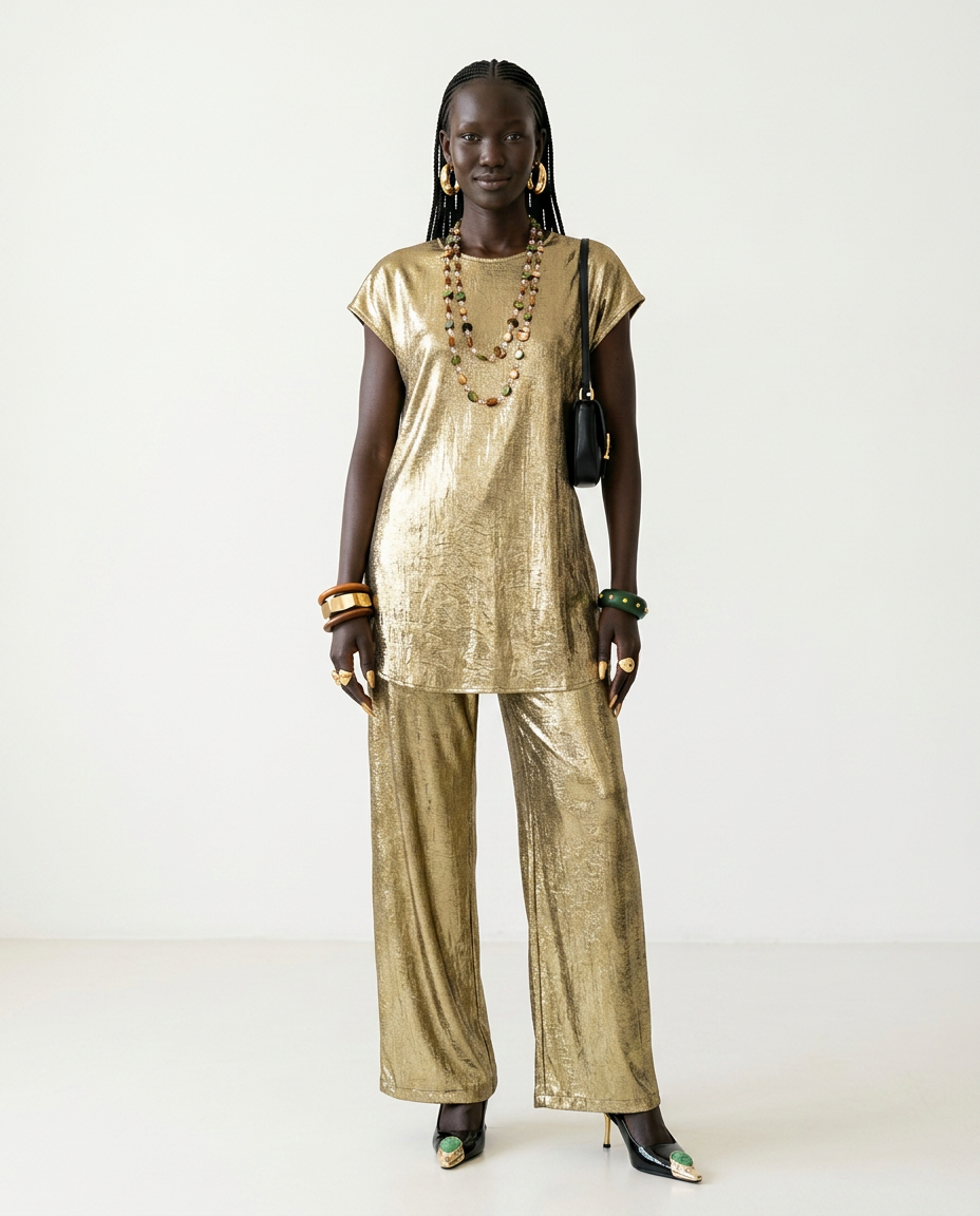 Divine Golden Pleated Two-Piece Set