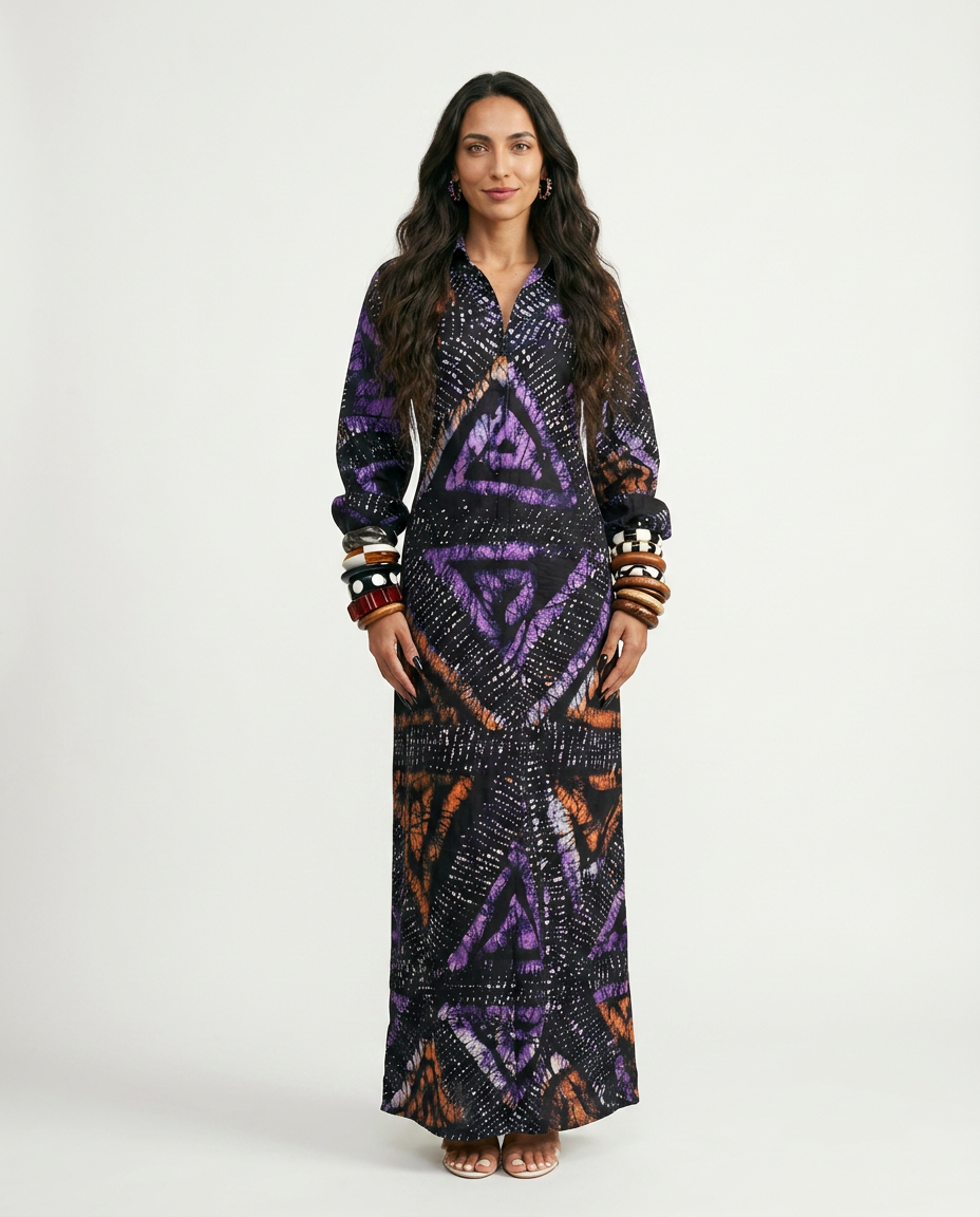 Worthy Adire Lantern Sleeve Midi Dress