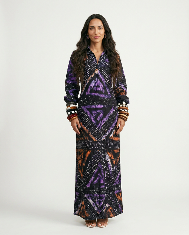 Worthy Adire Lantern Sleeve Midi Dress Hover Image