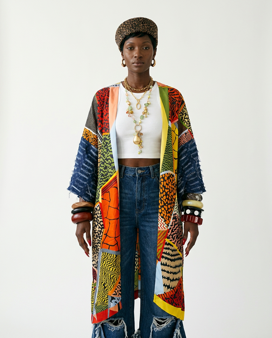 Vibrant Patchwork Denim Kimono