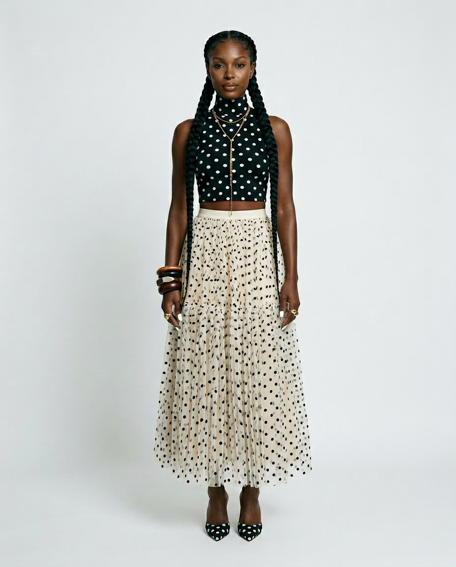 Divine Polka Dot Mesh Midi Skirt