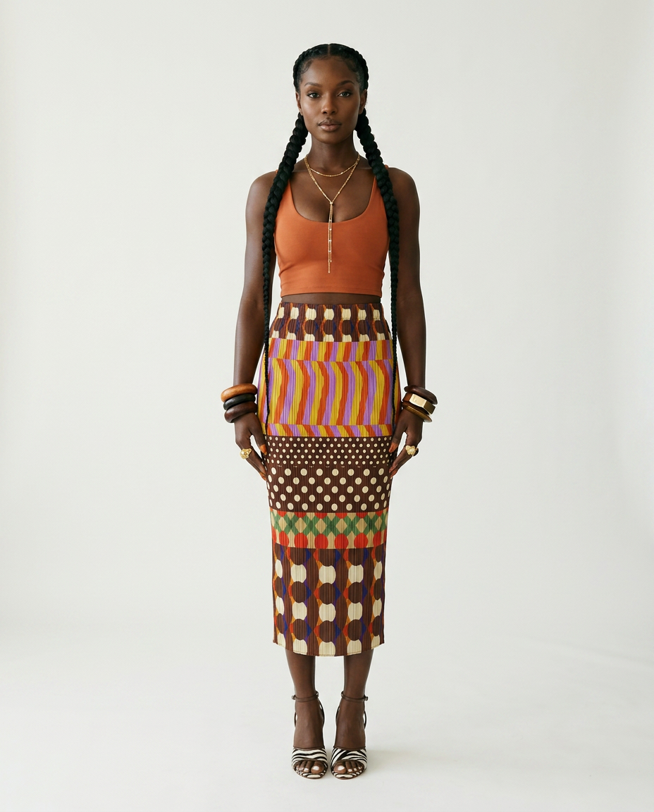 Spirited Pleated Geometric Midi Skirt