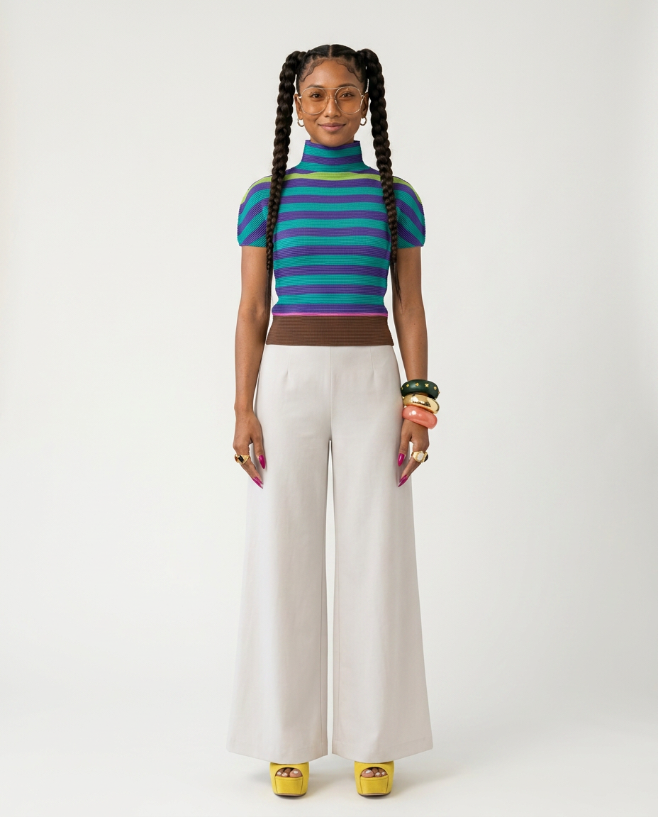 Vibrant Striped Pleated T-shirt