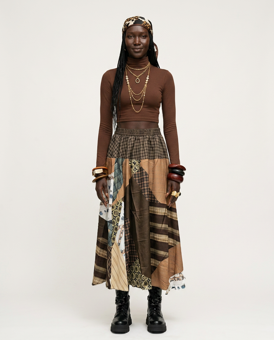 Unique Patchwork Plaid Maxi Skirt