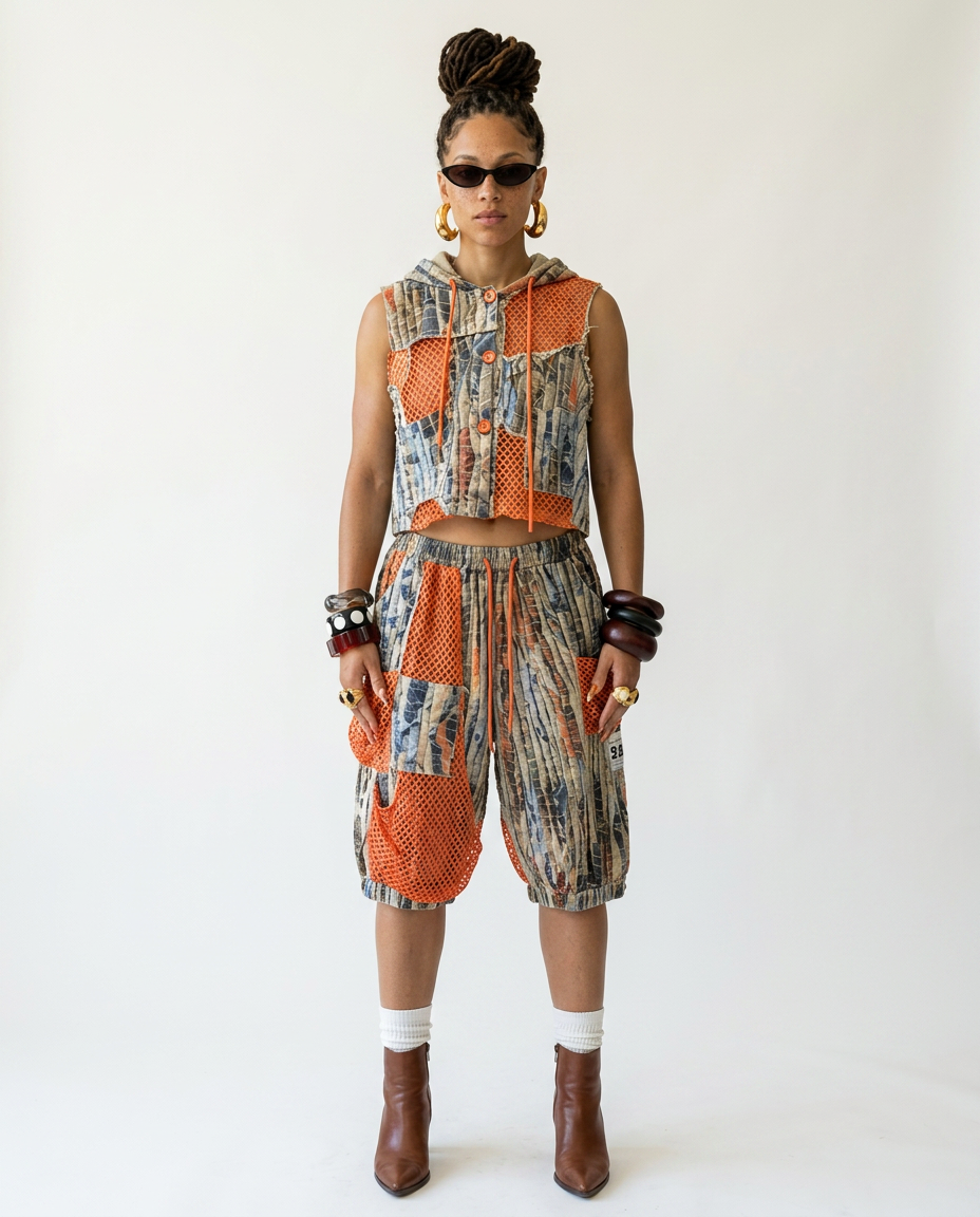 Vibrant Mesh Patchwork Vest Set