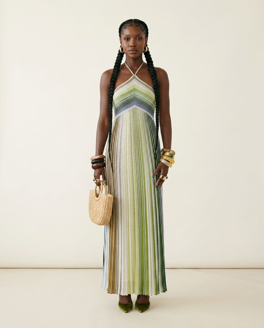 Vibrant Striped Halter Maxi Dress