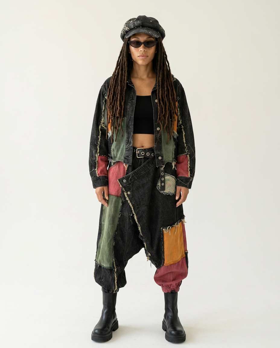 Unique Distressed Patchwork Denim Set
