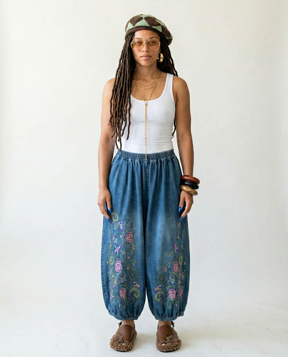 Free Spirit Embroidered Denim Wide-Leg Pants