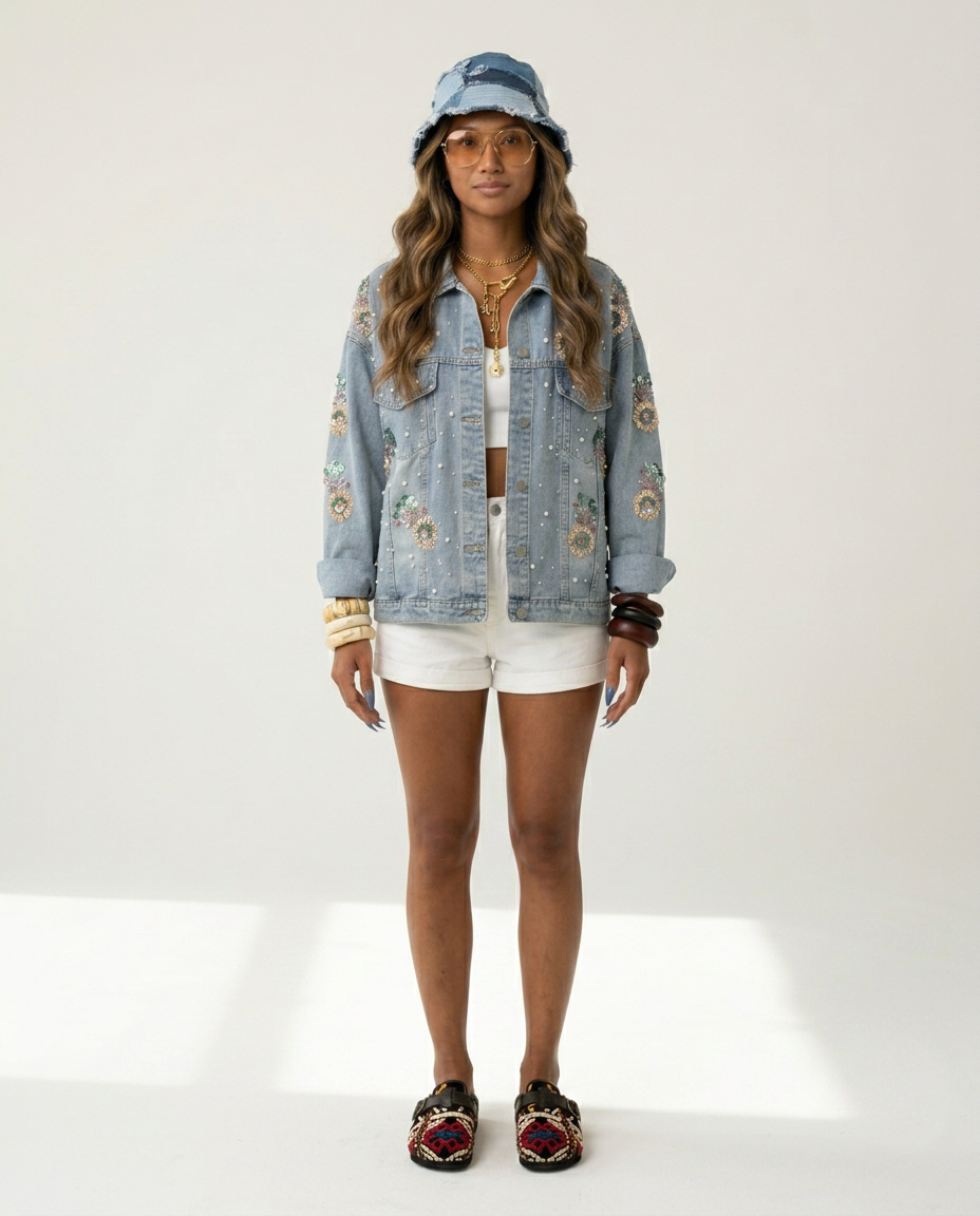 Magnetic Sequin Pearl Denim Jacket