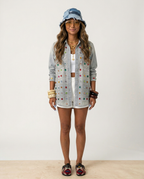 Vibrant Rhinestone Denim Blouse