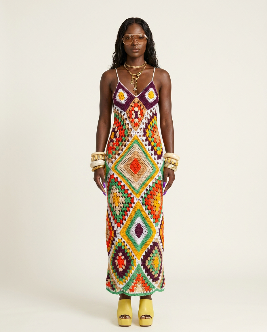 Vibrant Crochet Patchwork Maxi Dress