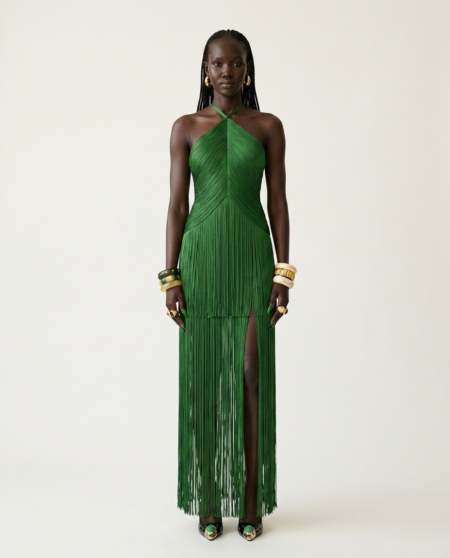 Vibrant Fringe Halter Maxi Dress