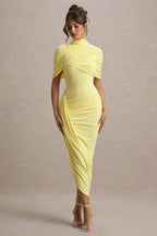 Enchant Lemon Asymmetric Twisted Cape Midi Dress