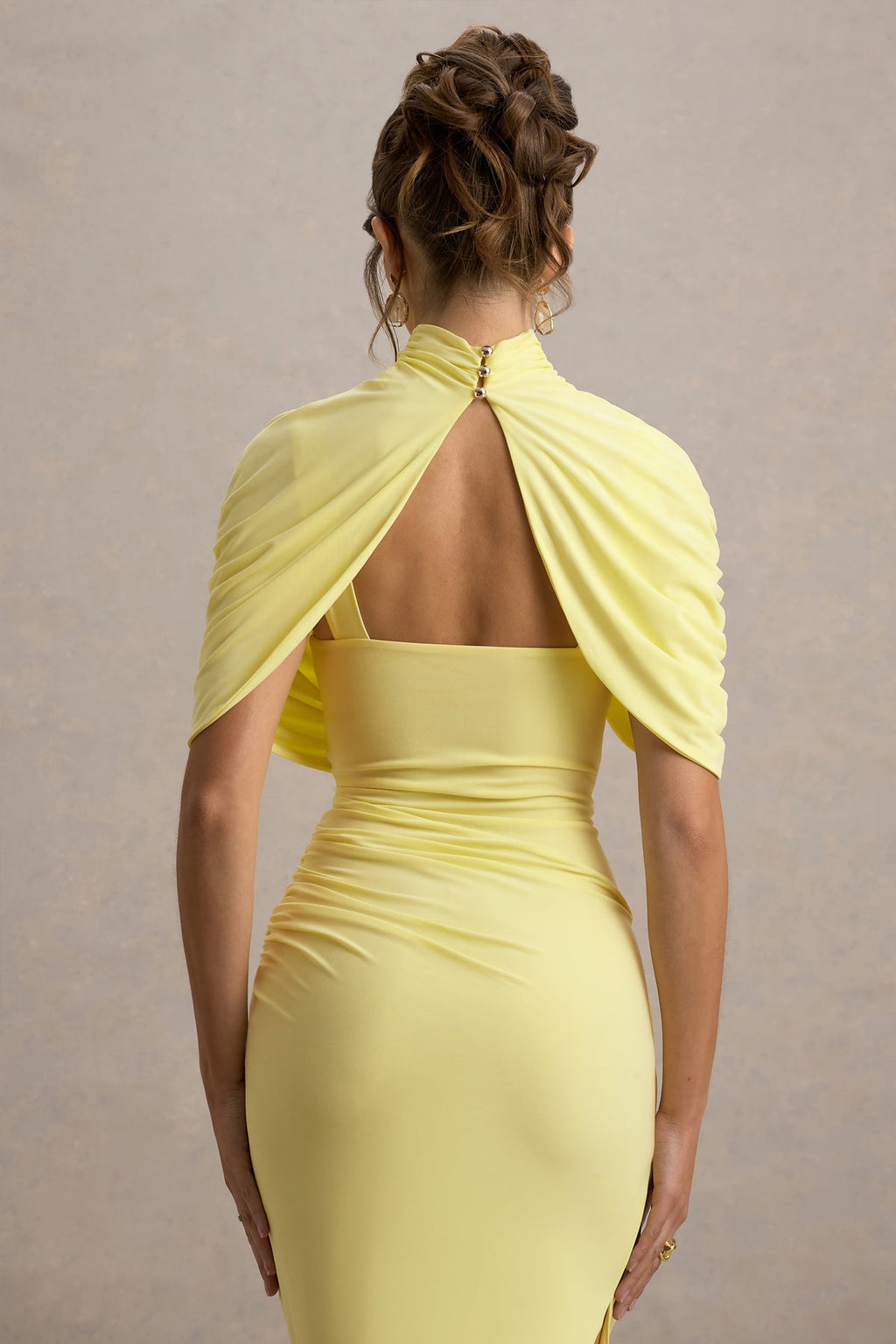 Enchant Lemon Asymmetric Twisted Cape Midi Dress